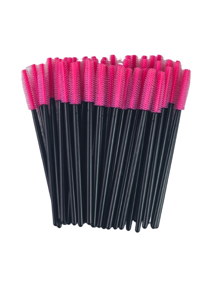 Щеточки для ресниц силиконовые упаковка 50 шт Ножка: Черная, Головка: Ярко-розовая