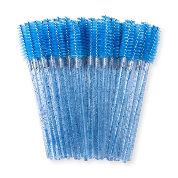 Щеточки для ресниц нейлоновые упаковка 50 шт Ножка: С блёстками, Головка: Голубая